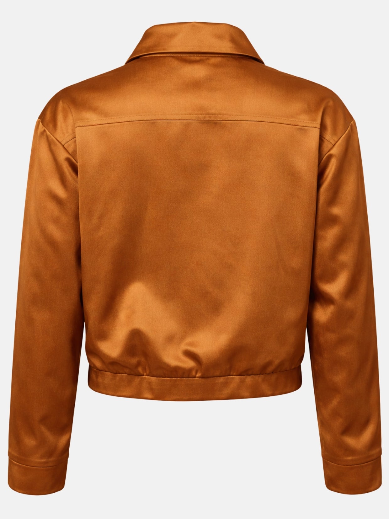 Flat lay back of bronze satin jacket showing shoulder yoke seam
