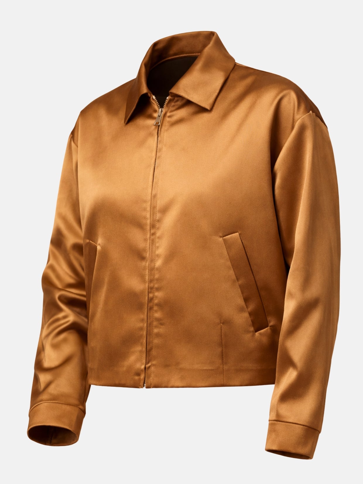 Flat lay front of bronze satin jacket highlighting pointed collar detail