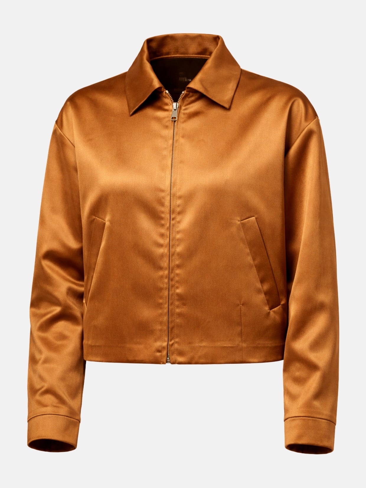 Flat lay front of bronze satin jacket with zip closure and welt pockets