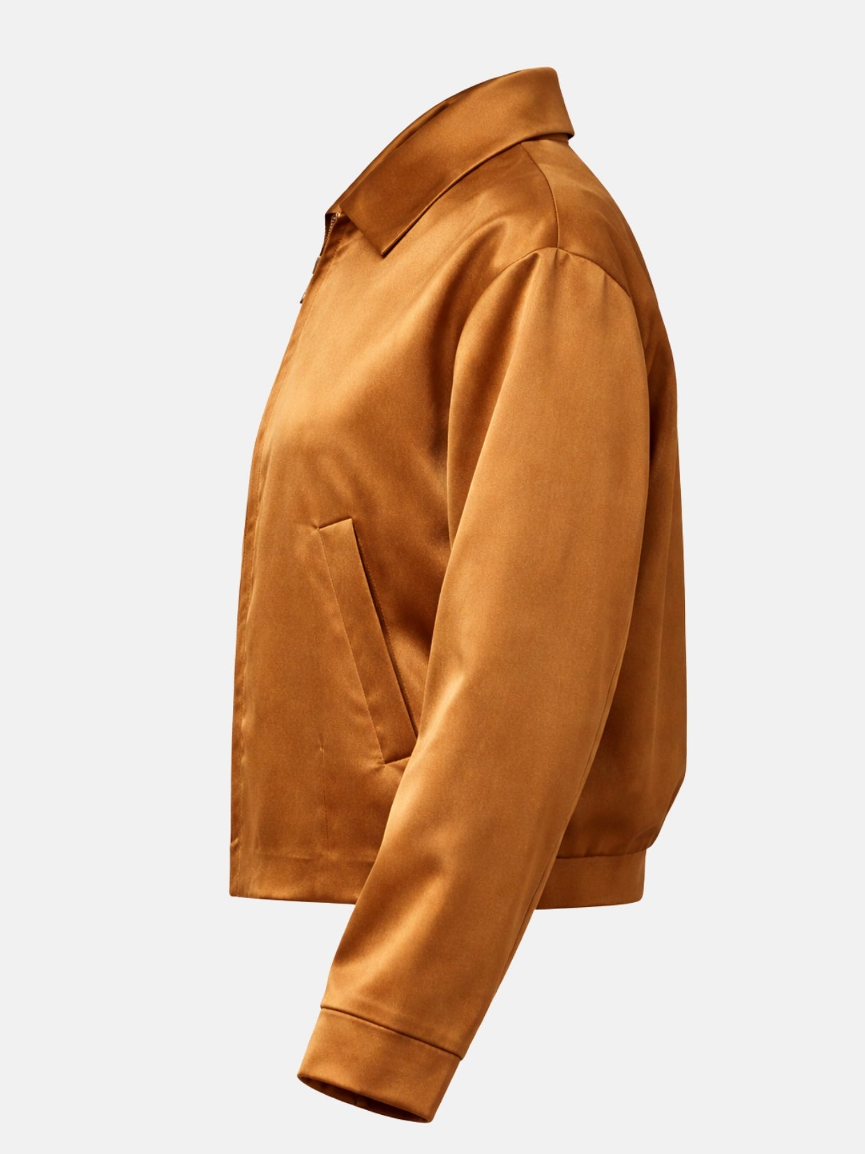 Flat lay side view of bronze satin jacket with plain turned cuff