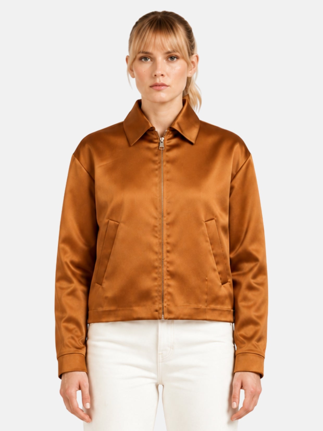 Bronze satin jacket with pointed collar and silver zip closure