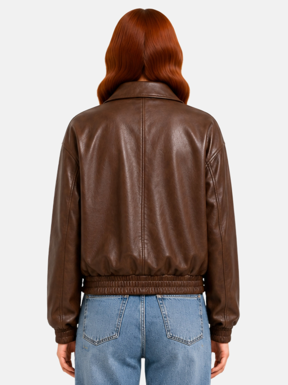 Back view of brown leather jacket showing center back seam and cinched hem
