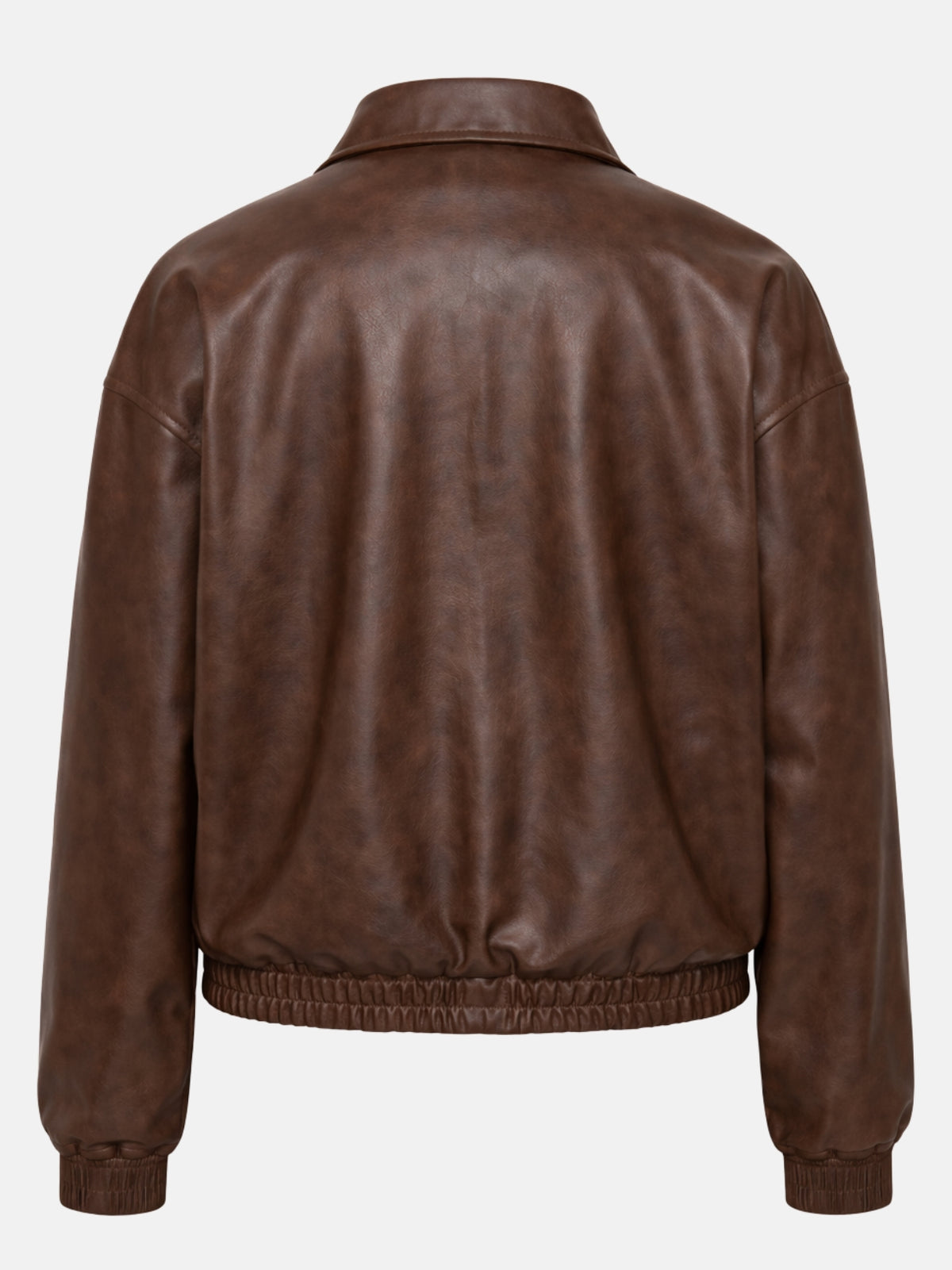 Flat lay back of brown leather jacket highlighting the center back seam