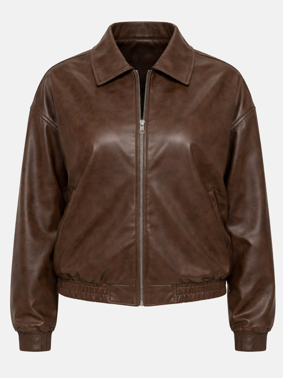 Brown leather jacket with pointed collar and cinched elastic waist on model