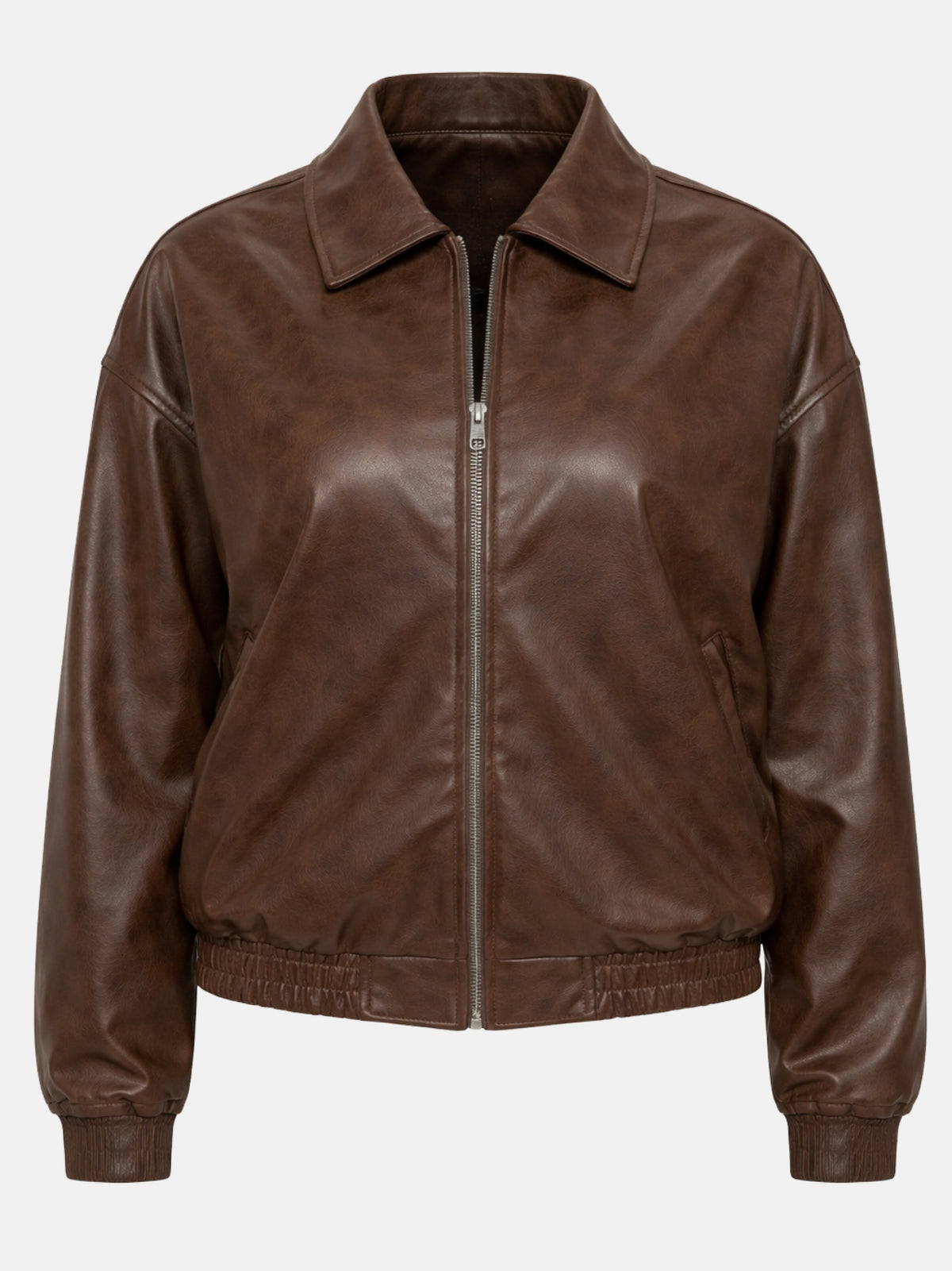 Flat lay of brown leather jacket with silver zipper and shirred elastic waistband