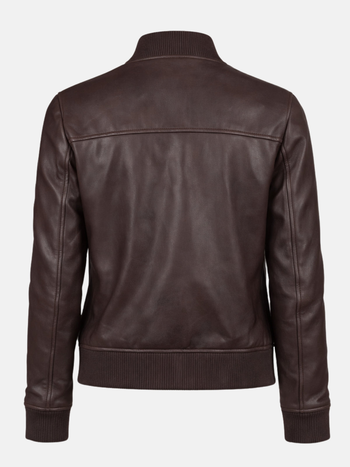 Flat lay back of brown leather jacket highlighting the horizontal back yoke seam