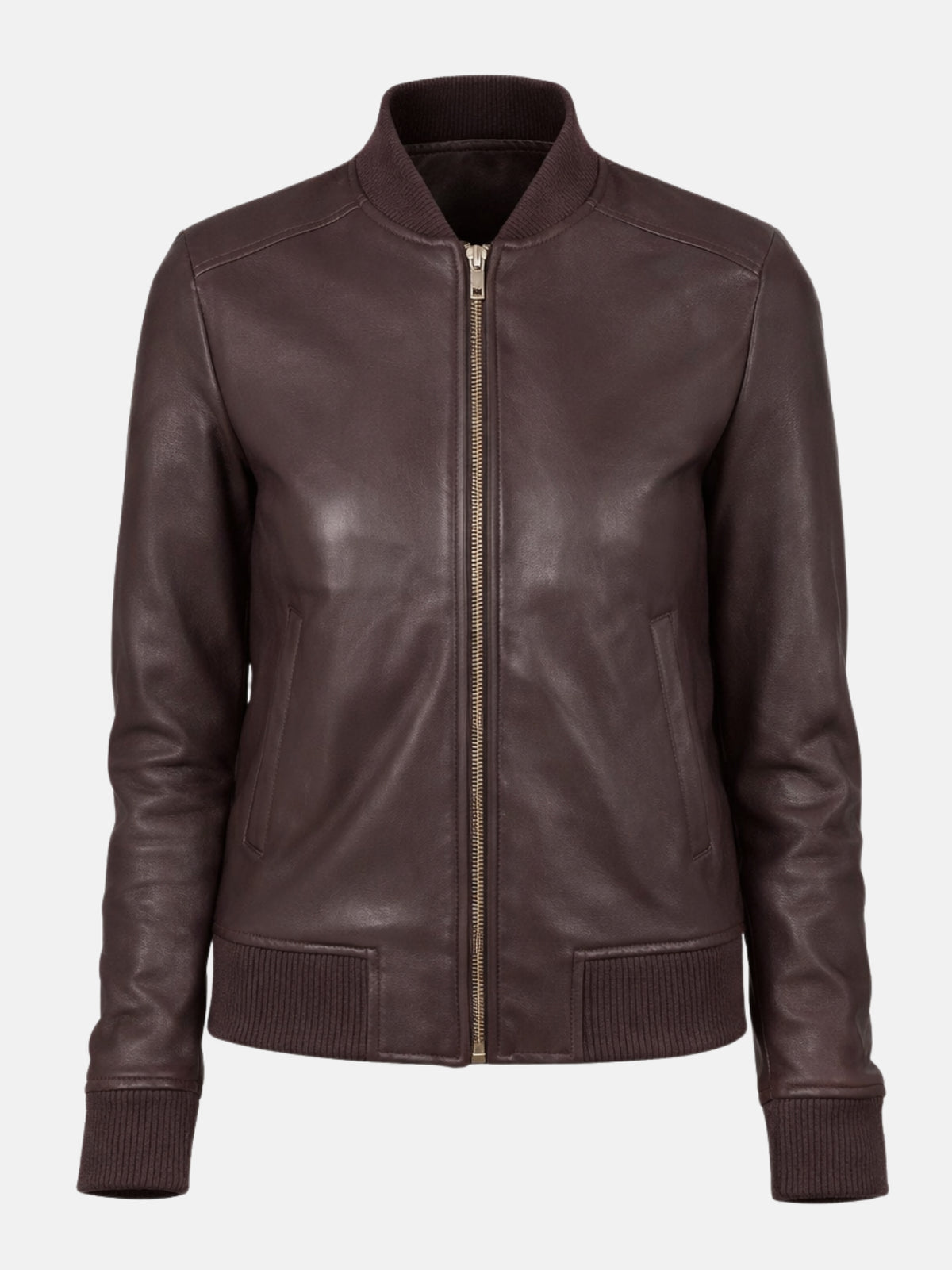 Flat lay of brown leather jacket with gold zipper, ribbed collar, and welt pockets