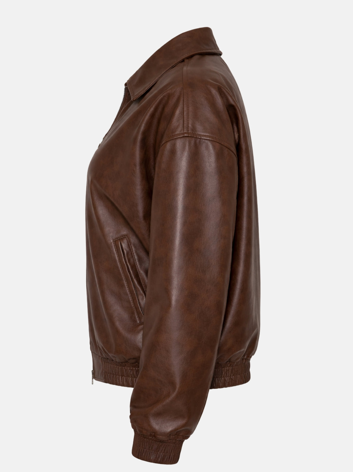 Flat lay side view of brown leather jacket showing the shirred elastic cuff detail