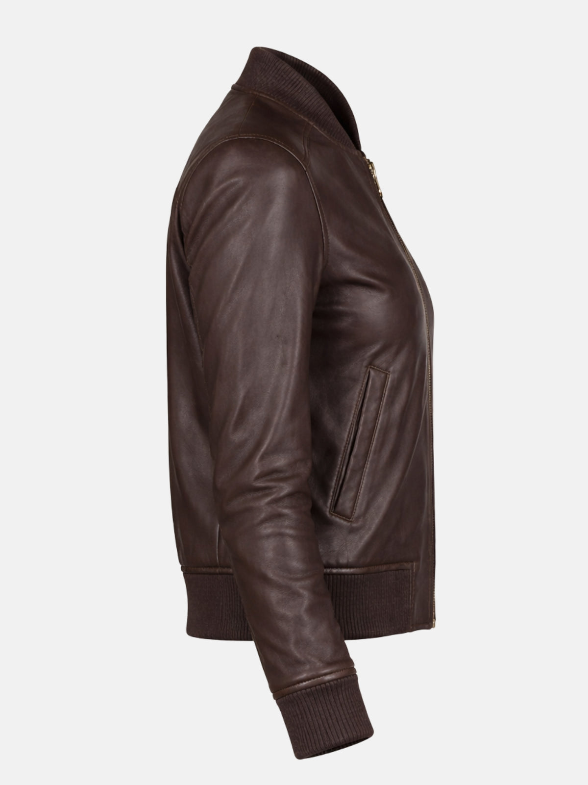 Flat lay side view of brown leather jacket showing straight vertical pocket cut