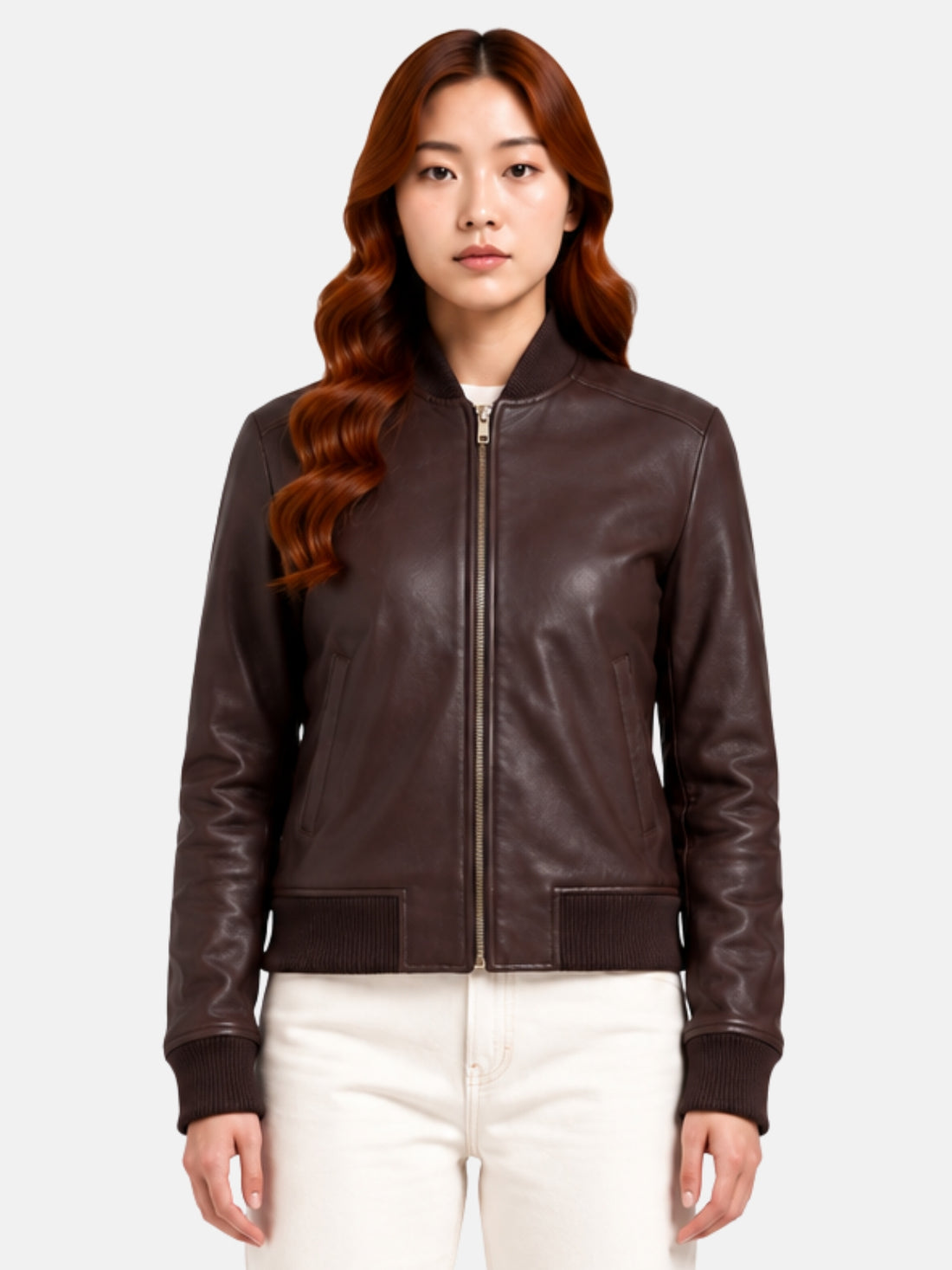 Brown leather bomber jacket with gold-tone zipper and ribbed collar on model