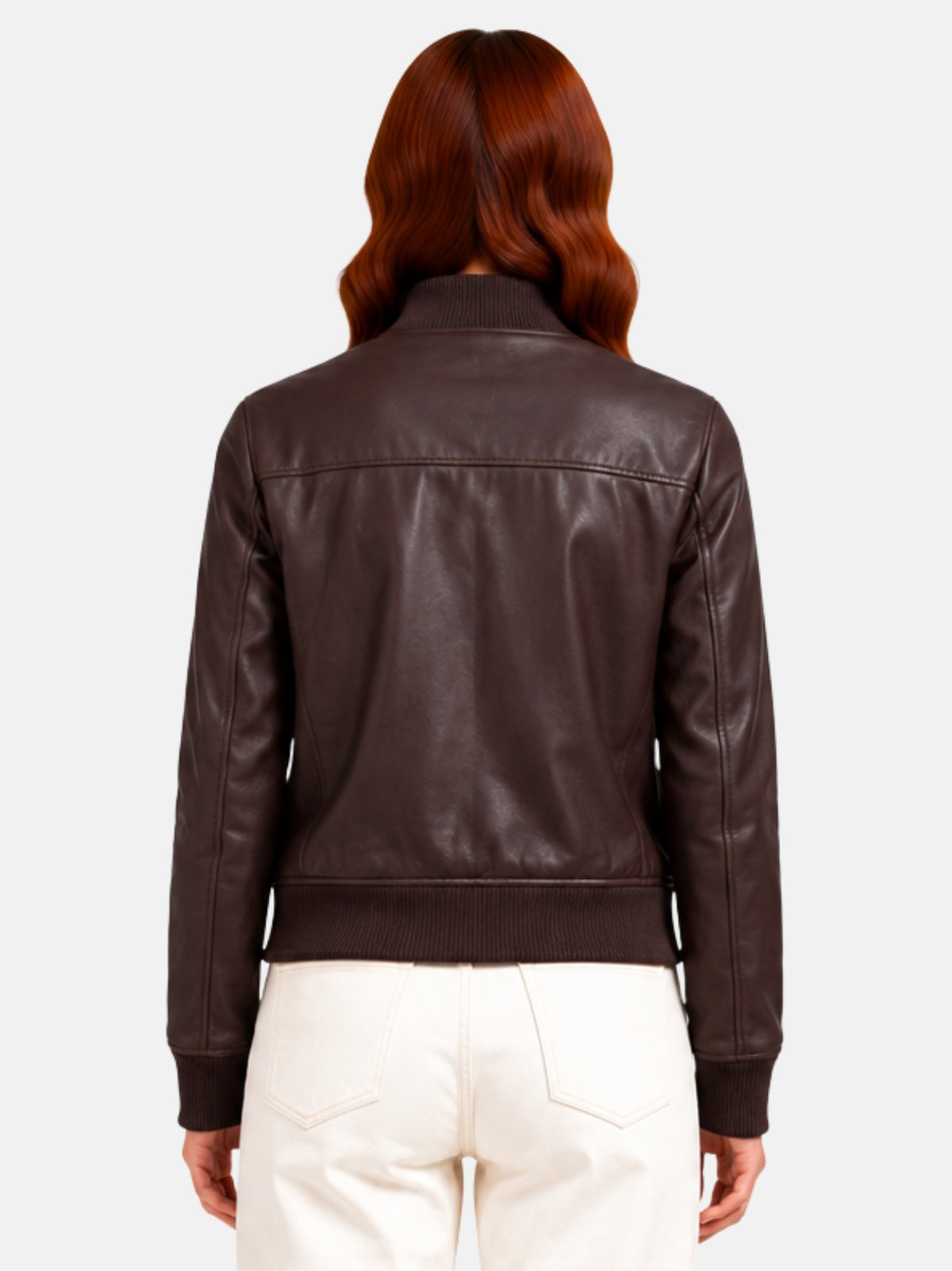 Back view of brown leather jacket showing horizontal yoke seam across the shoulders