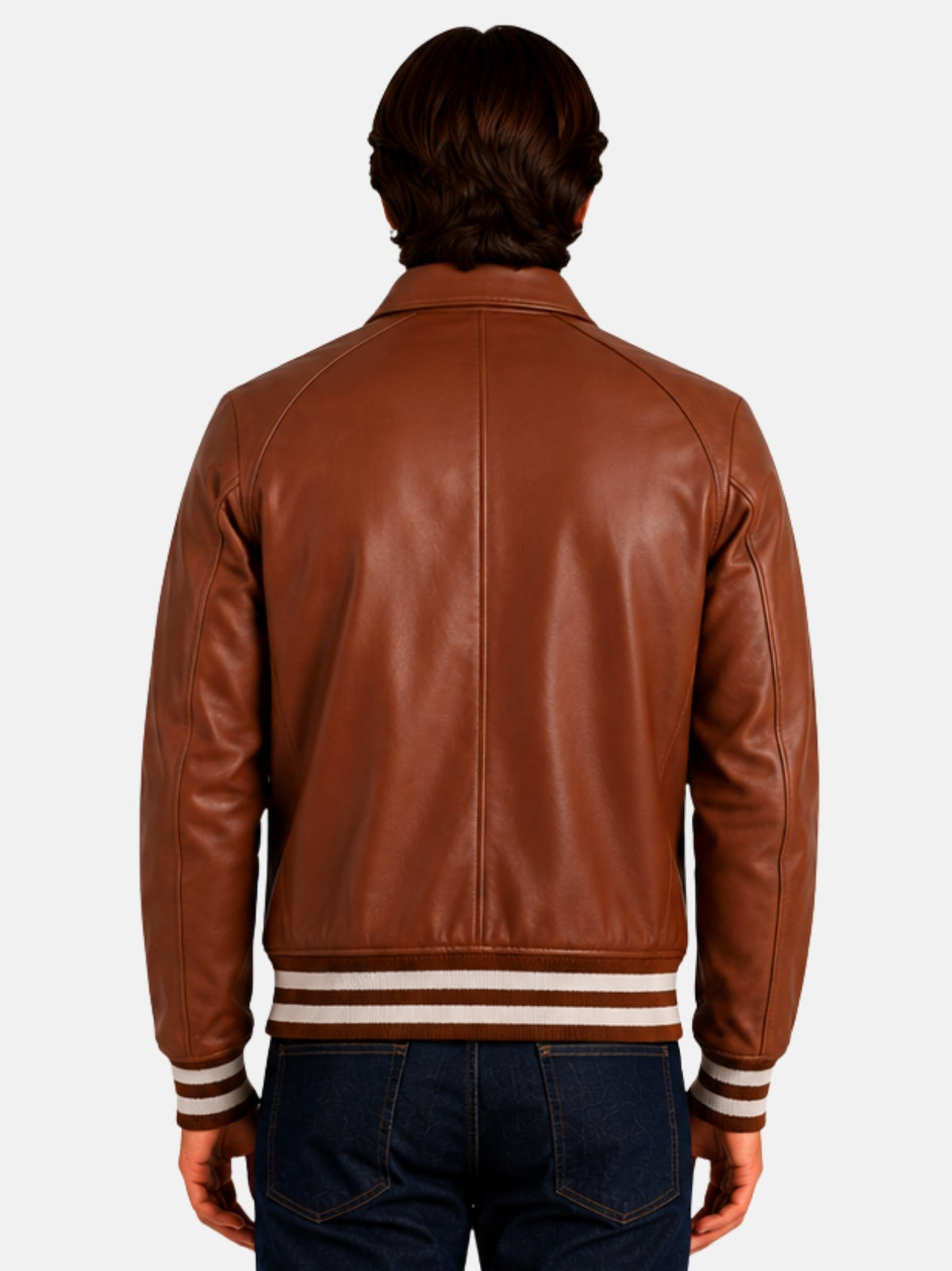 Model showing back of brown leather varsity jacket with raglan seams