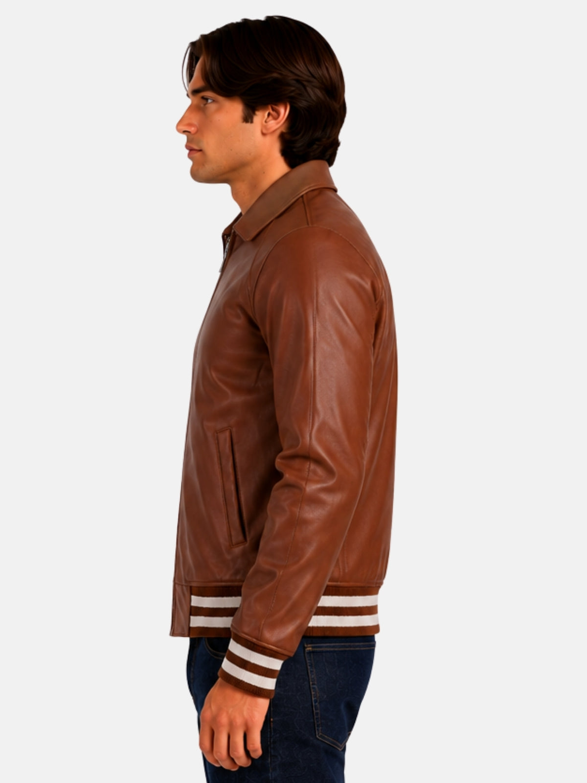 Side profile of brown leather varsity jacket with cream striped hem and cuffs