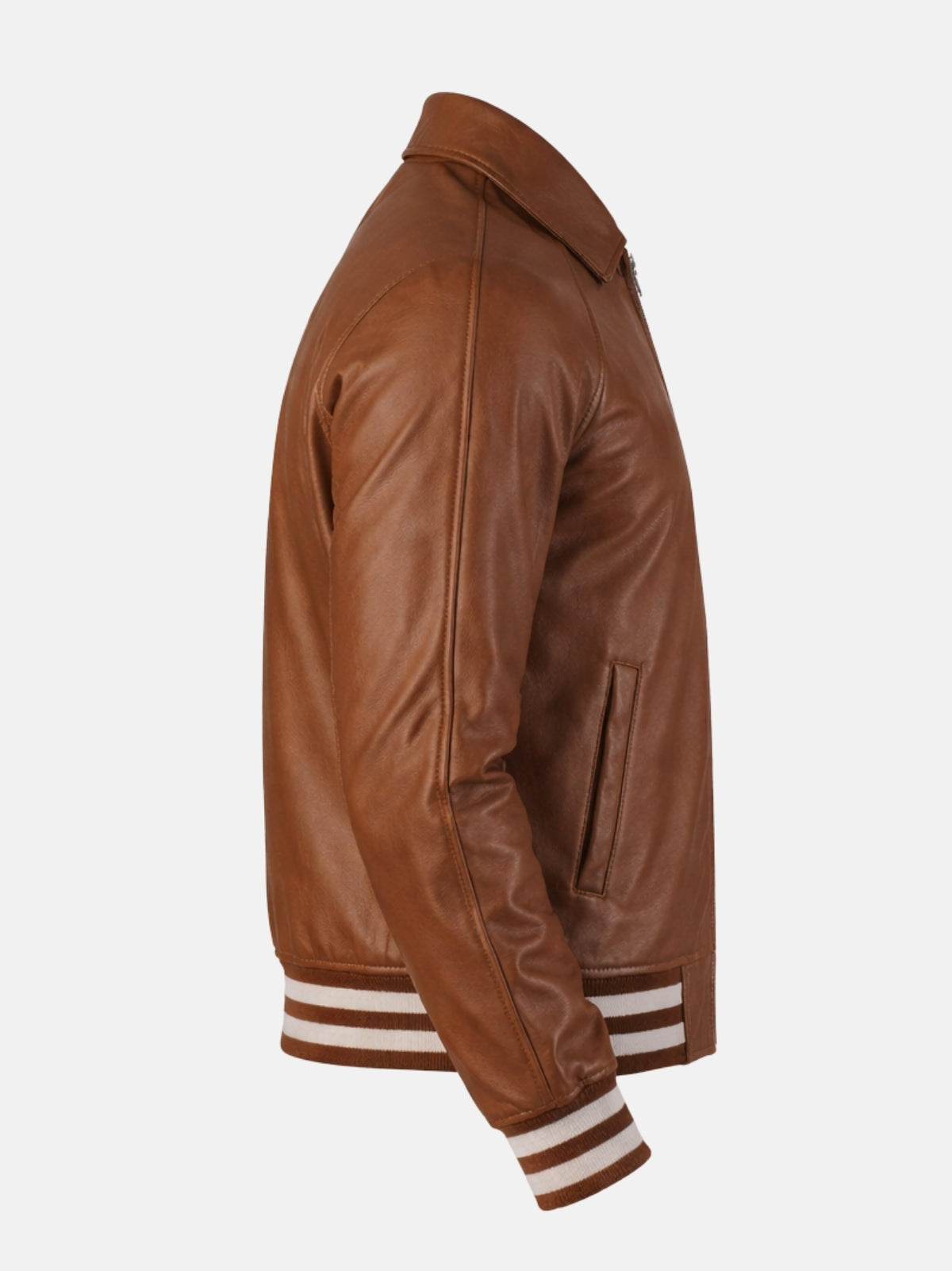 Brown leather varsity jacket with ribbed cuffs and zip front closure, right view