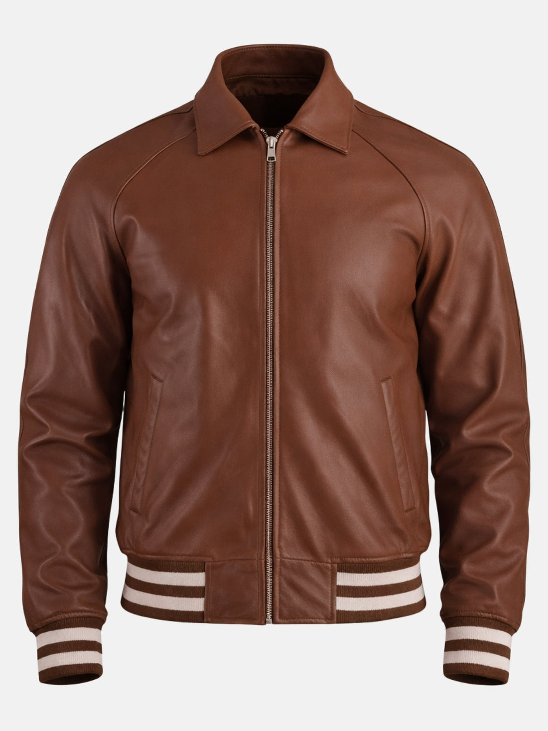 Man wearing brown leather varsity jacket with fold-down collar and silver zip