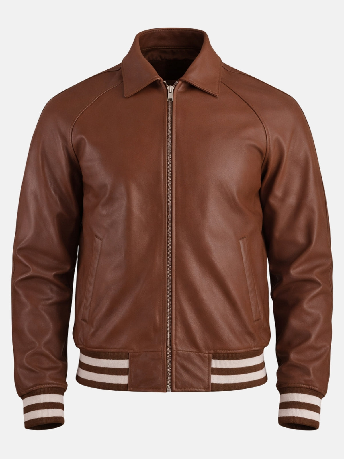 Brown leather varsity jacket with shirt style collar, zip front and welt pockets