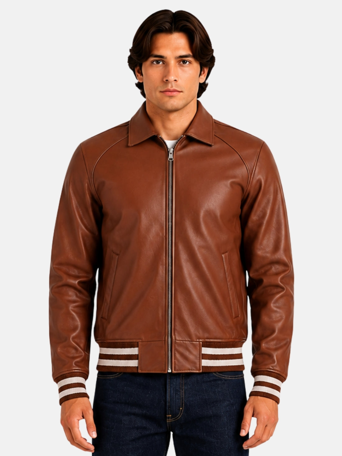 Man wearing brown leather varsity jacket with fold-down collar and silver zip