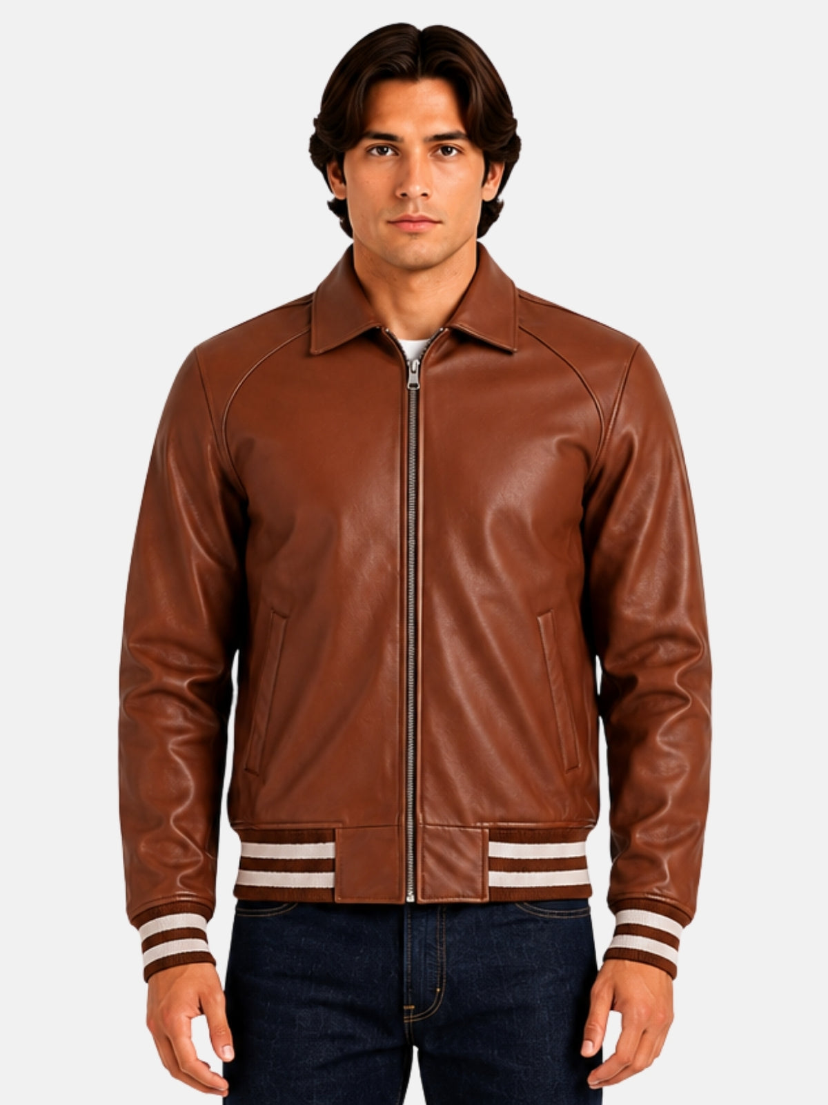 Man wearing brown leather varsity jacket with fold-down collar and silver zip