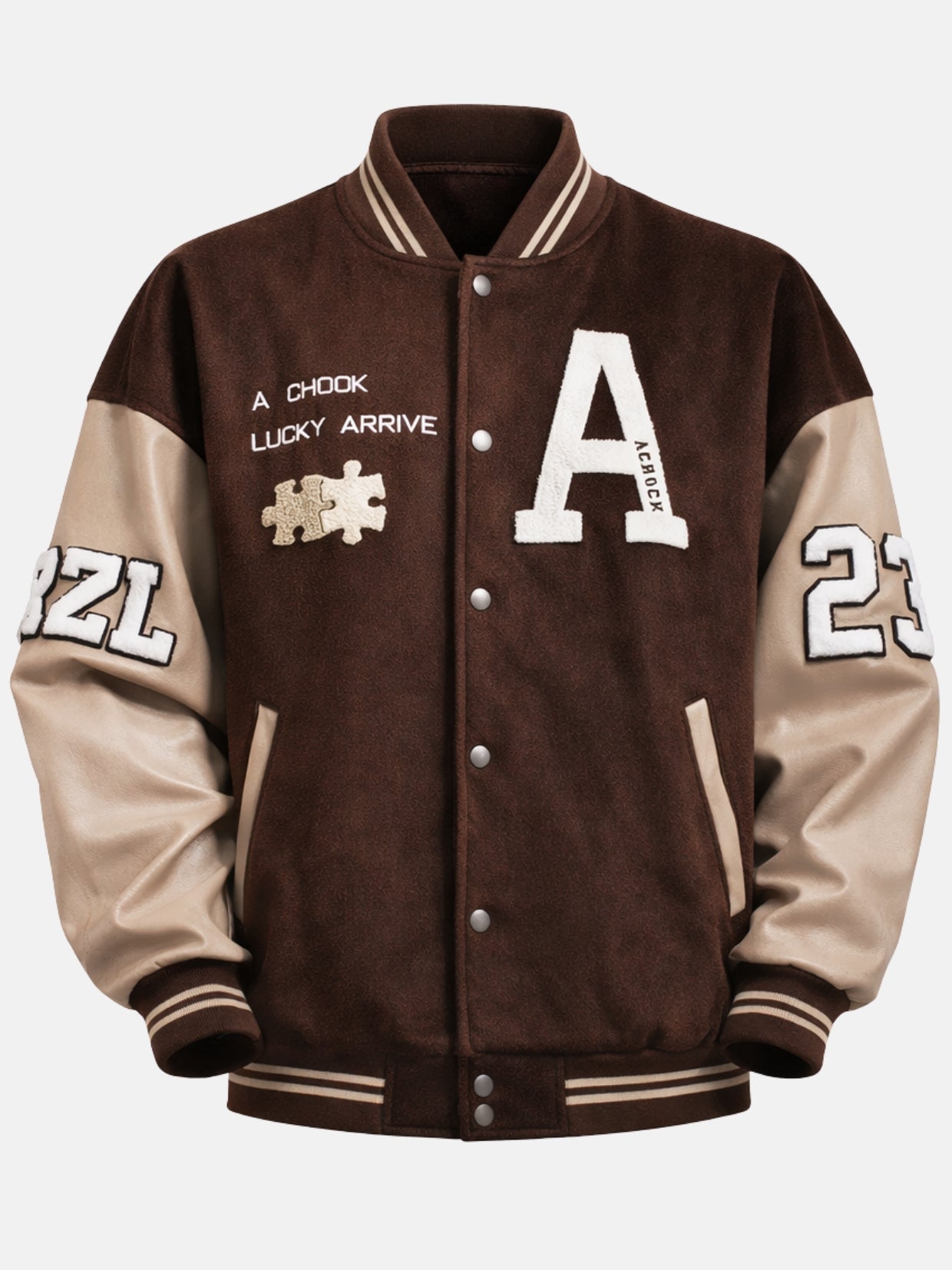 Front flat shot of a brown patch varsity jacket with chenille A and striped rib trims