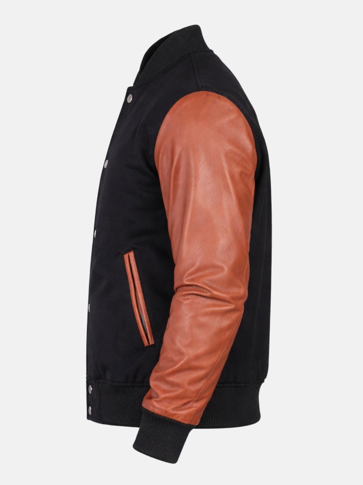 Cognac brown leather sleeve with black knit cuff on wool varsity jacket, side view