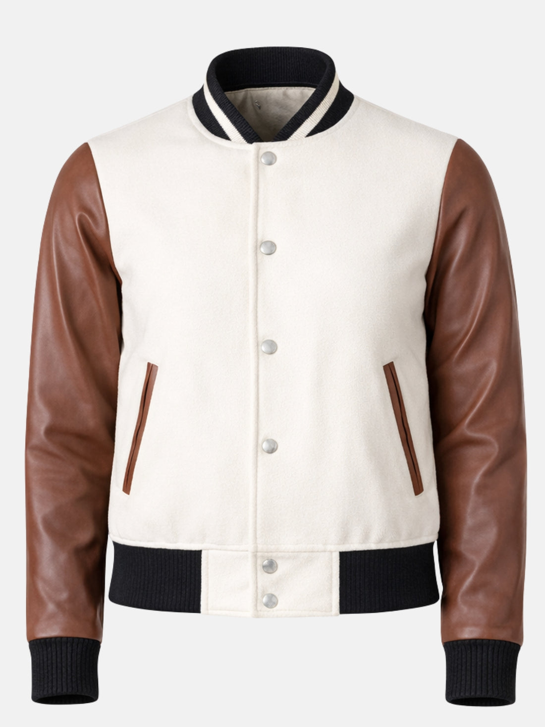 Woman wearing an off-white varsity jacket with brown leather sleeves and striped trims
