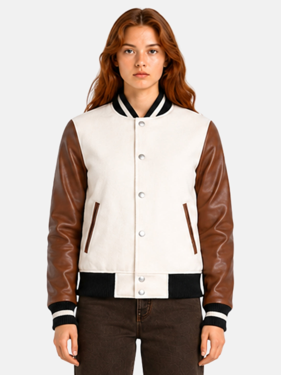 Woman wearing an off-white varsity jacket with brown leather sleeves and striped trims