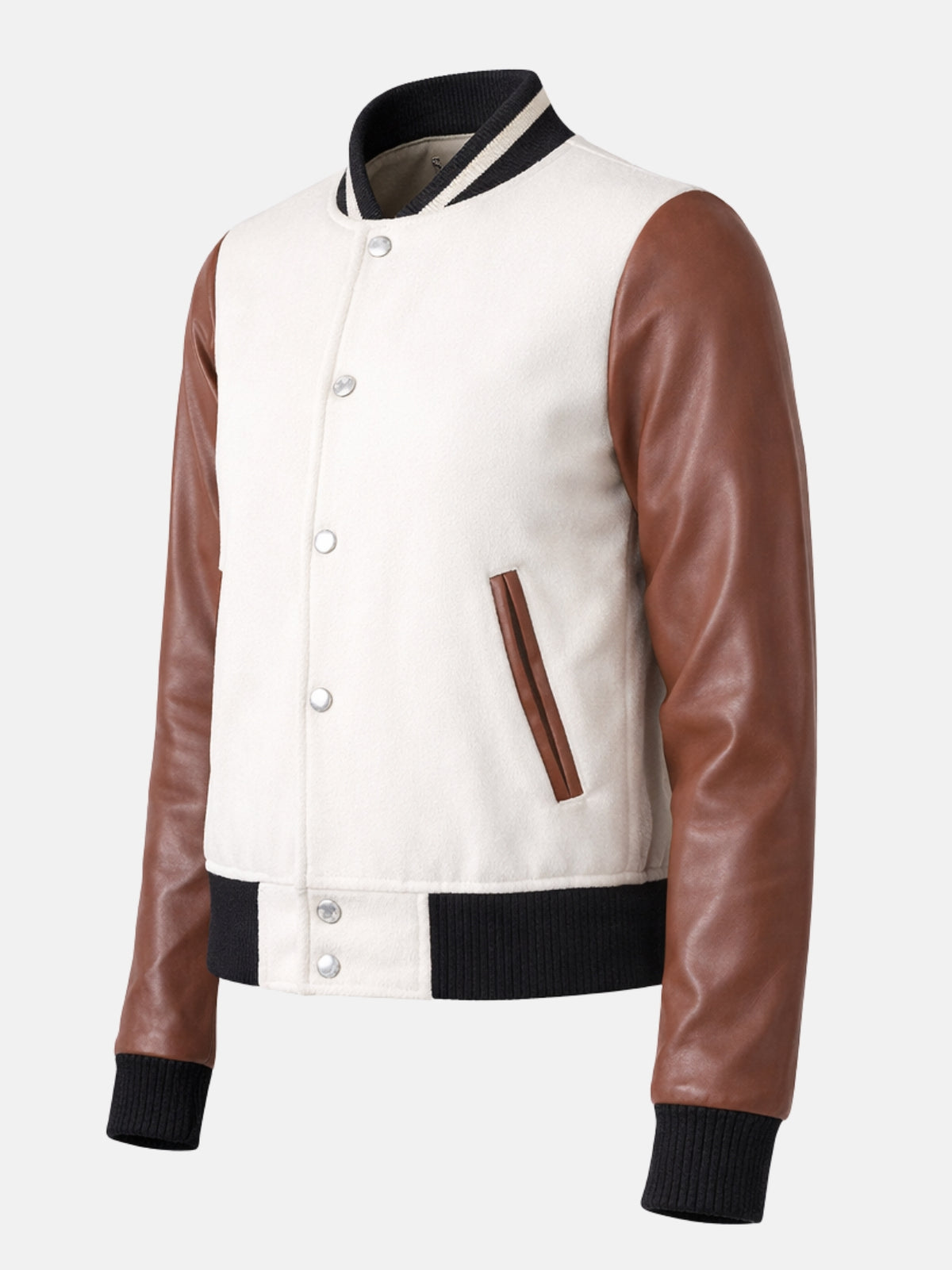 Angled view of off-white varsity jacket with brown leather sleeves and snap placket