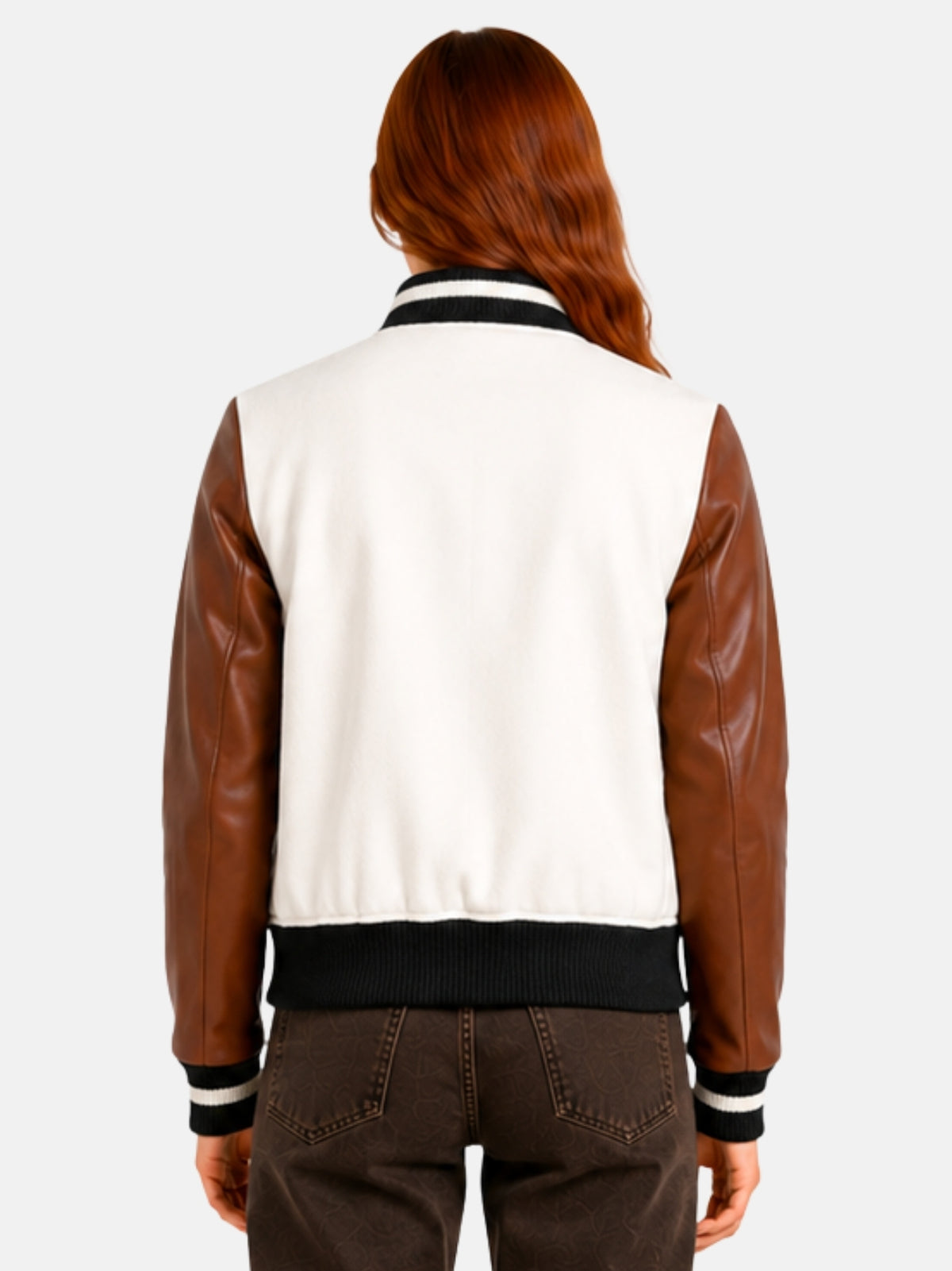 Back view of womens white varsity jacket with brown sleeves and clean back panel
