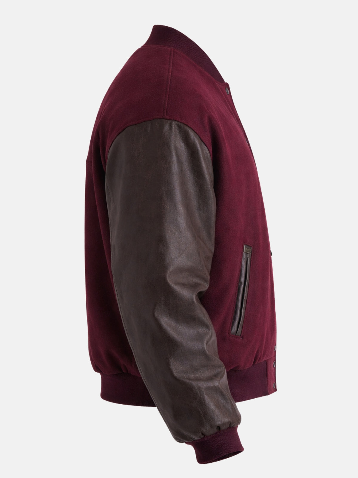 Side view of a burgundy letterman jacket showing leather-trimmed welt pocket