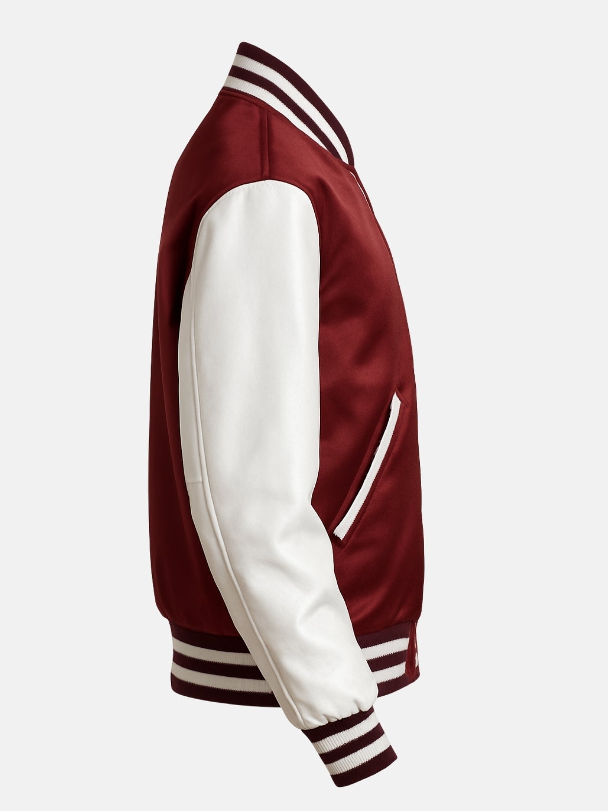 Side view of a burgundy satin jacket showing white-piped slanted welt pocket