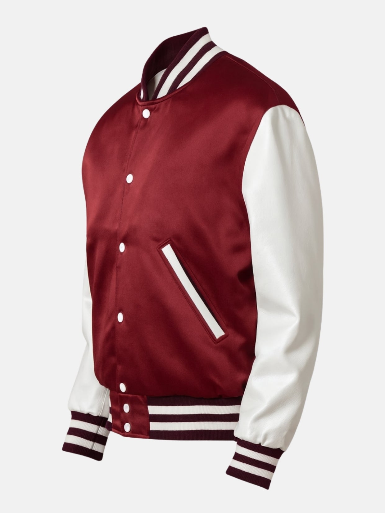 Angled front view of a burgundy satin varsity jacket with striped rib trims