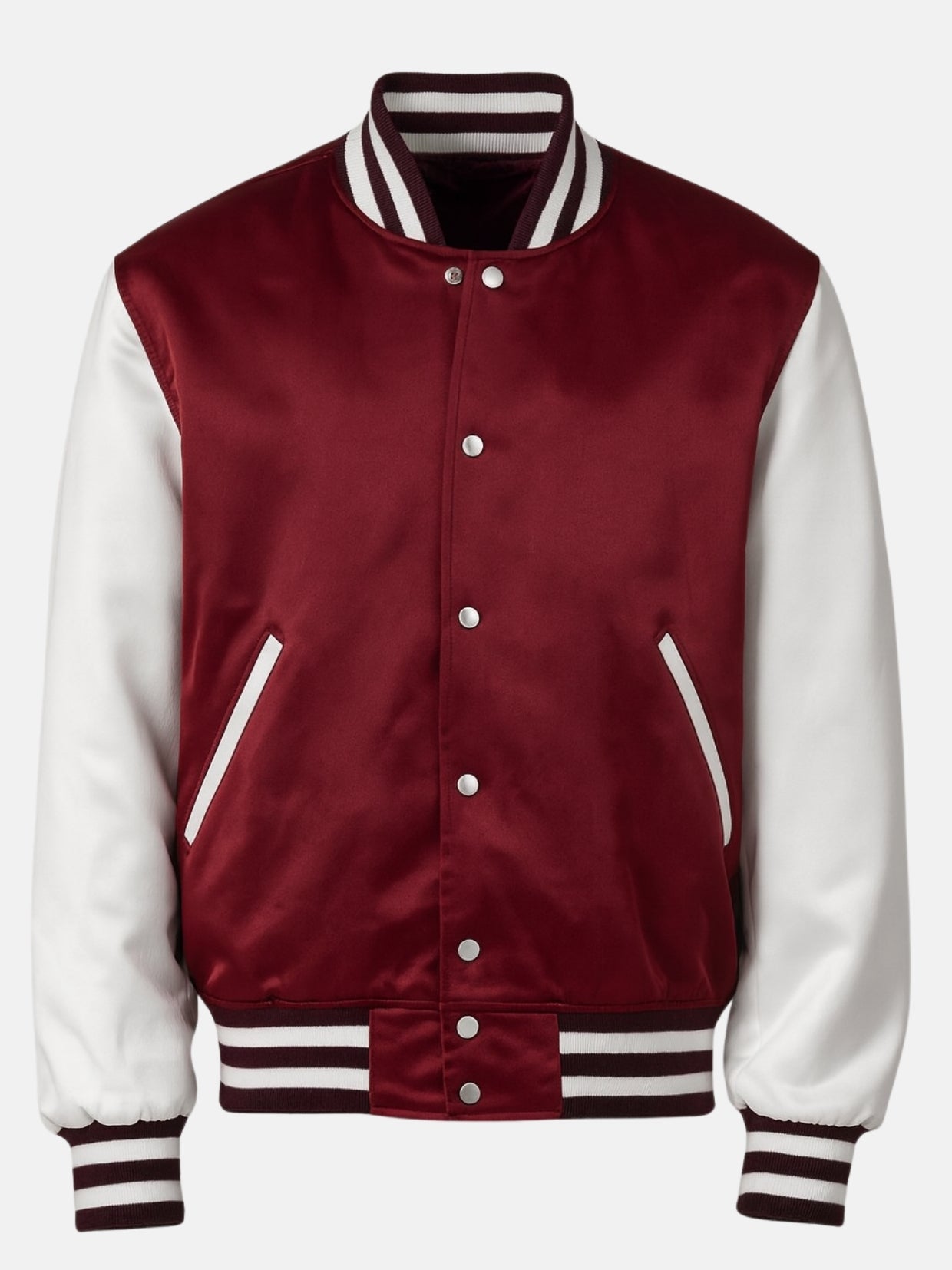 Front flat shot of a burgundy satin varsity jacket with white snap placket