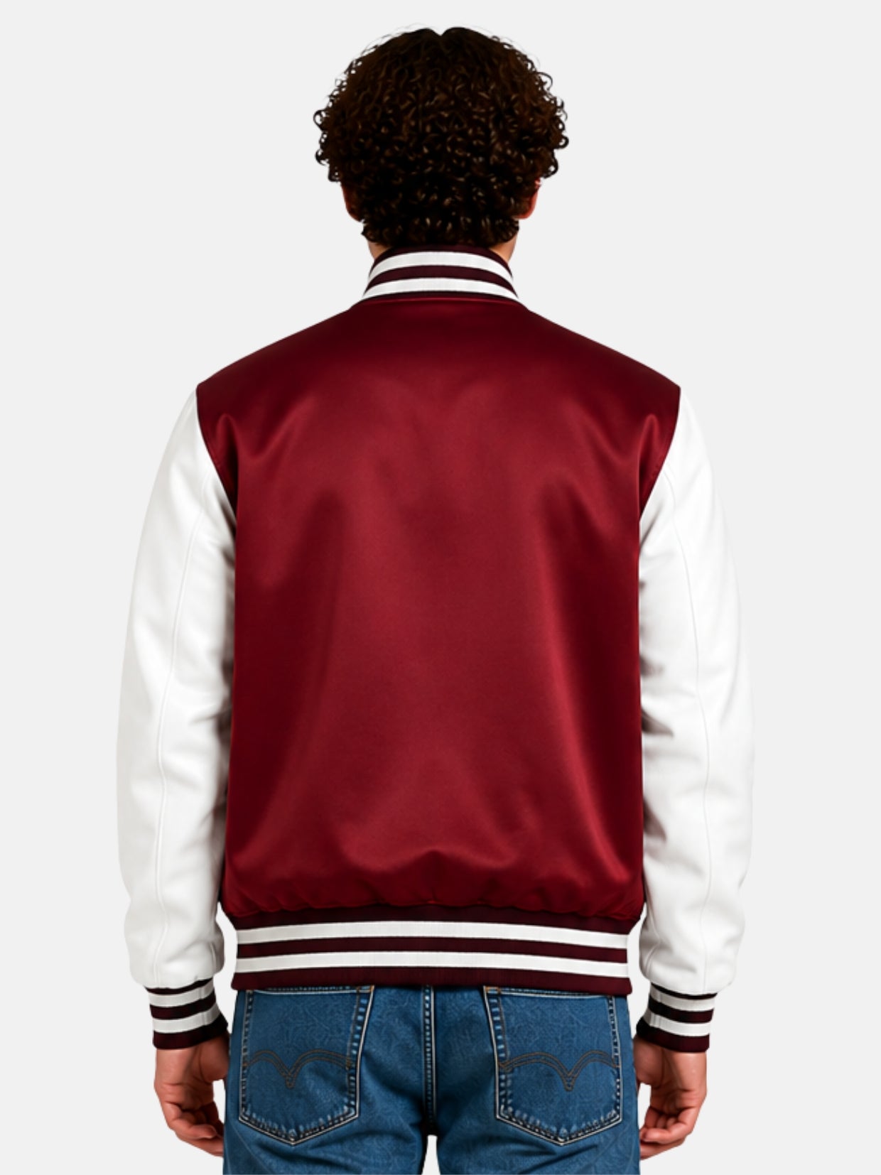 Back view of a burgundy satin varsity jacket with striped rib collar and hem on model