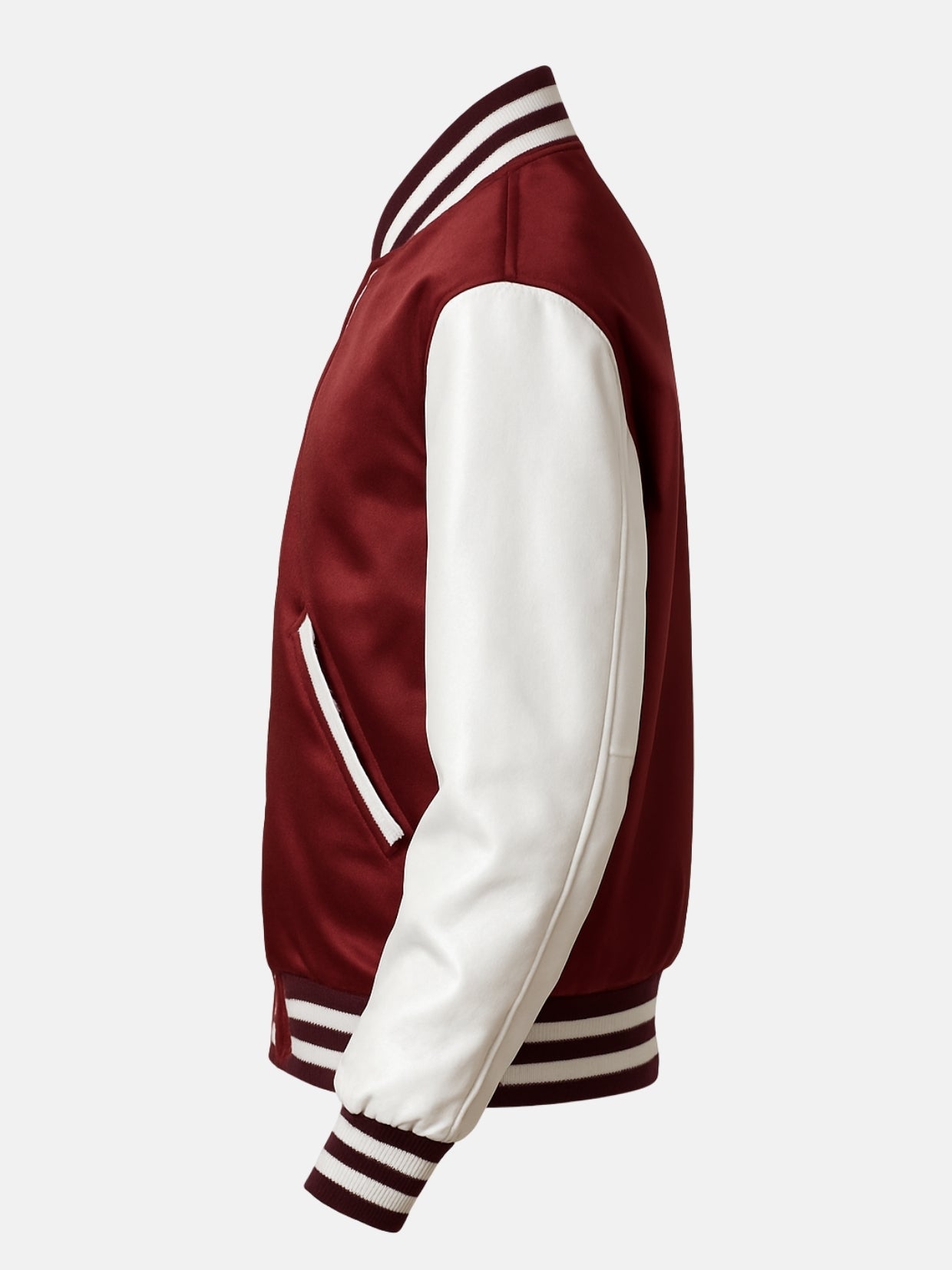 Reverse side view of a burgundy satin varsity jacket with white sleeve