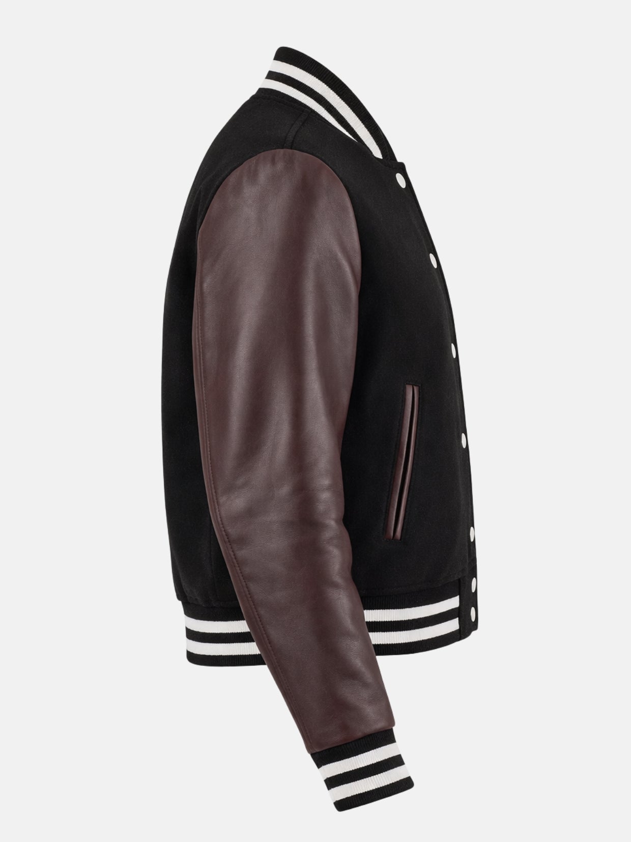 Flat side view showing burgundy leather sleeve and white-striped hem