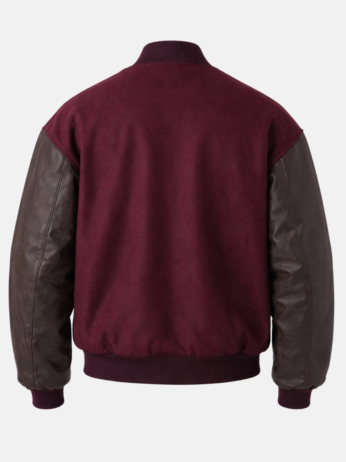 Clean patch-free back of a burgundy wool varsity jacket with brown sleeves, flat shot