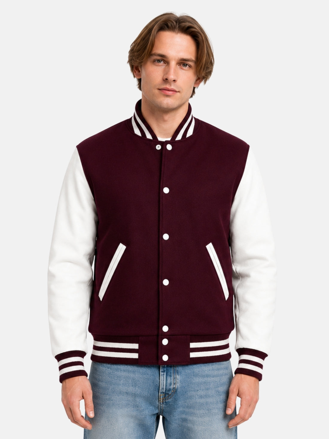 Man wearing burgundy varsity jacket with white leather sleeves and striped trims, size Medium