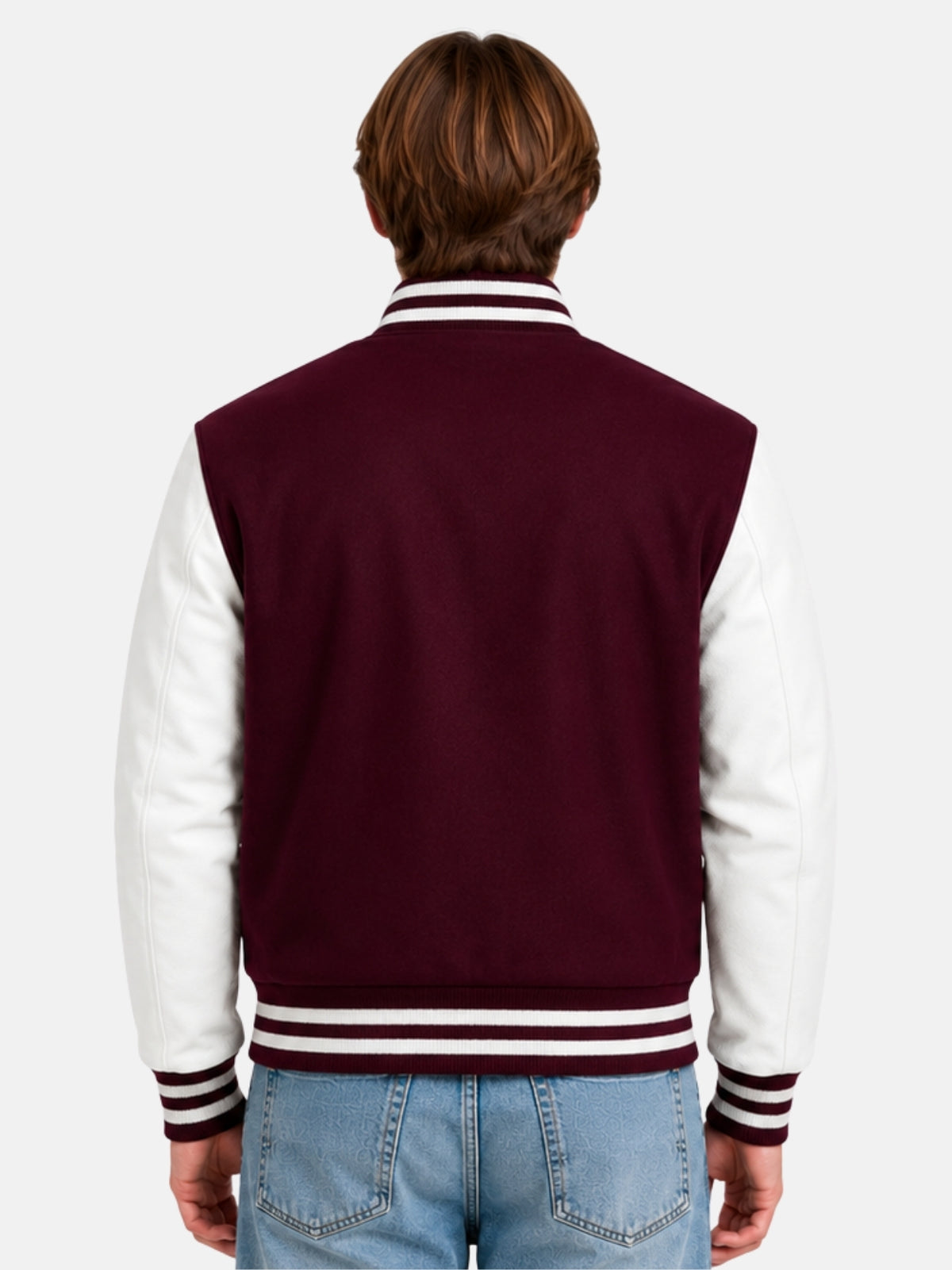 Model showing plain burgundy back panel of varsity jacket with white sleeves