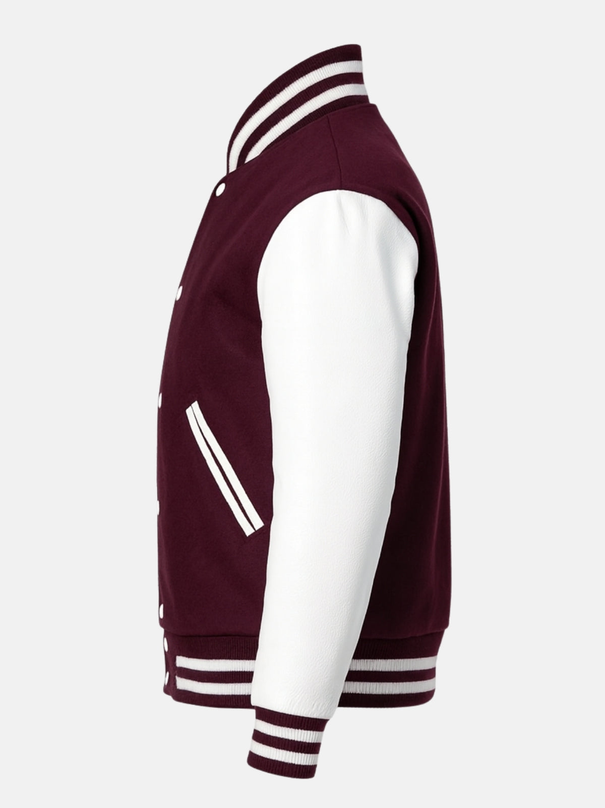 White leather-piped welt pocket on burgundy melton wool varsity jacket, side view