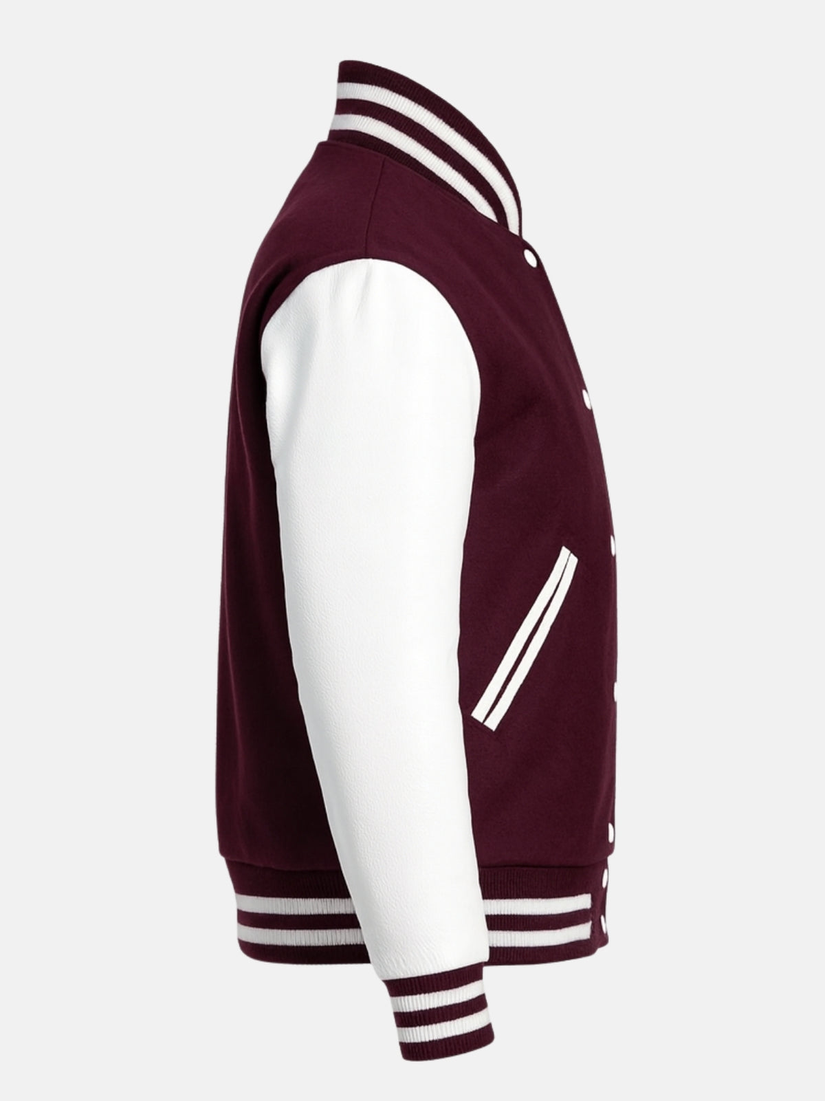 Pebbled white cowhide sleeve with burgundy striped knit cuff on wool letterman jacket