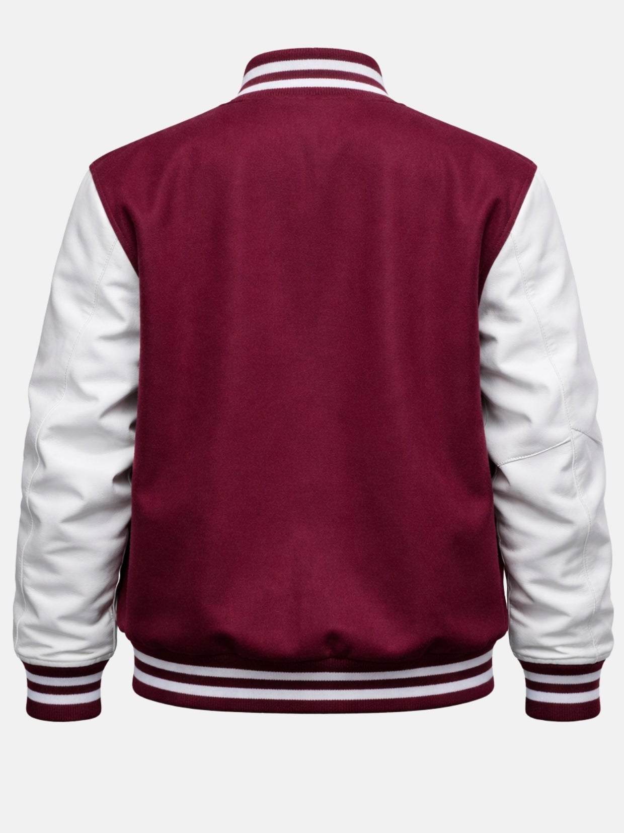 Flat back shot of burgundy wool varsity jacket with white leather sleeves