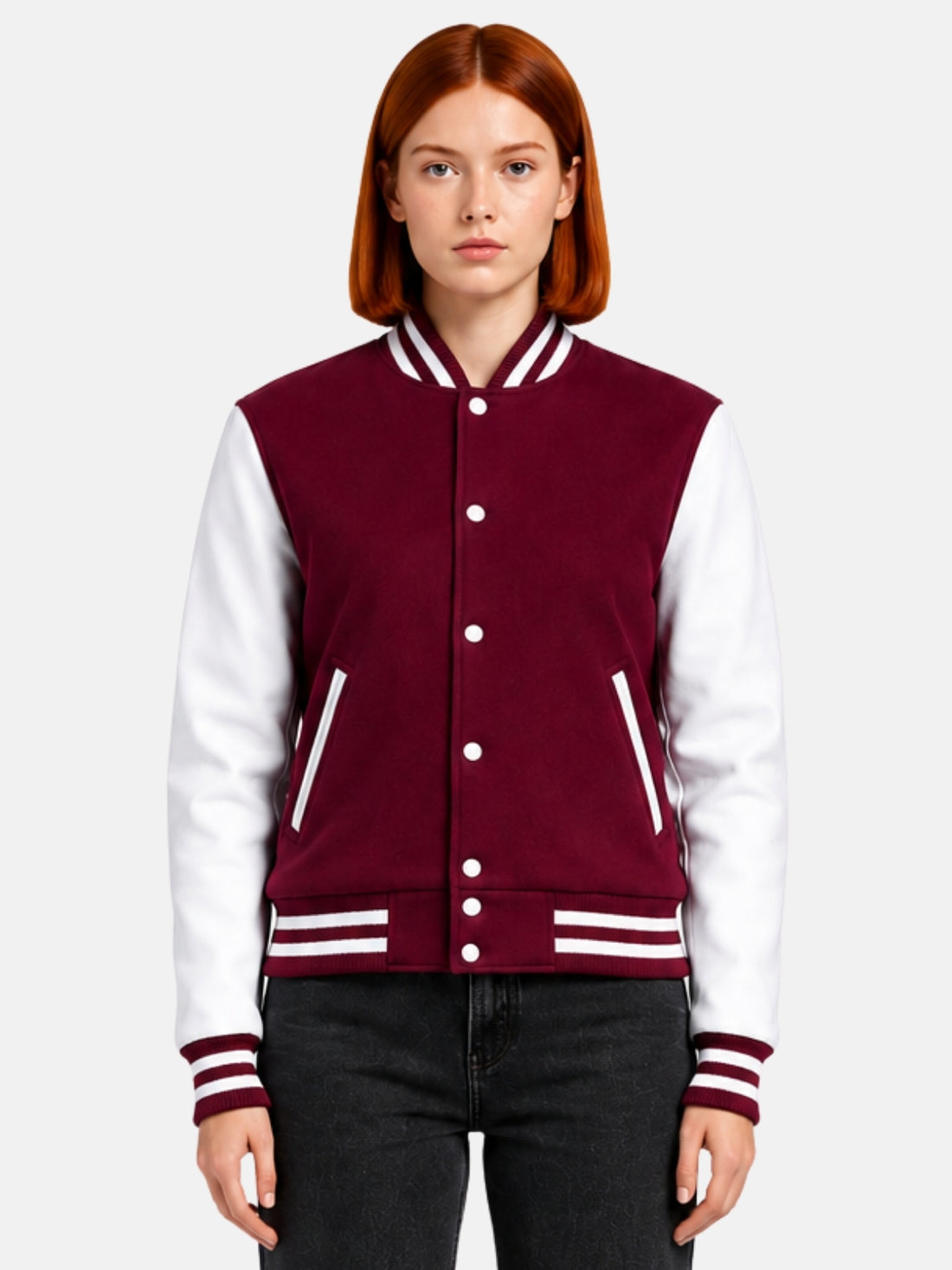 Woman wearing a burgundy varsity jacket with white leather sleeves and striped rib trims