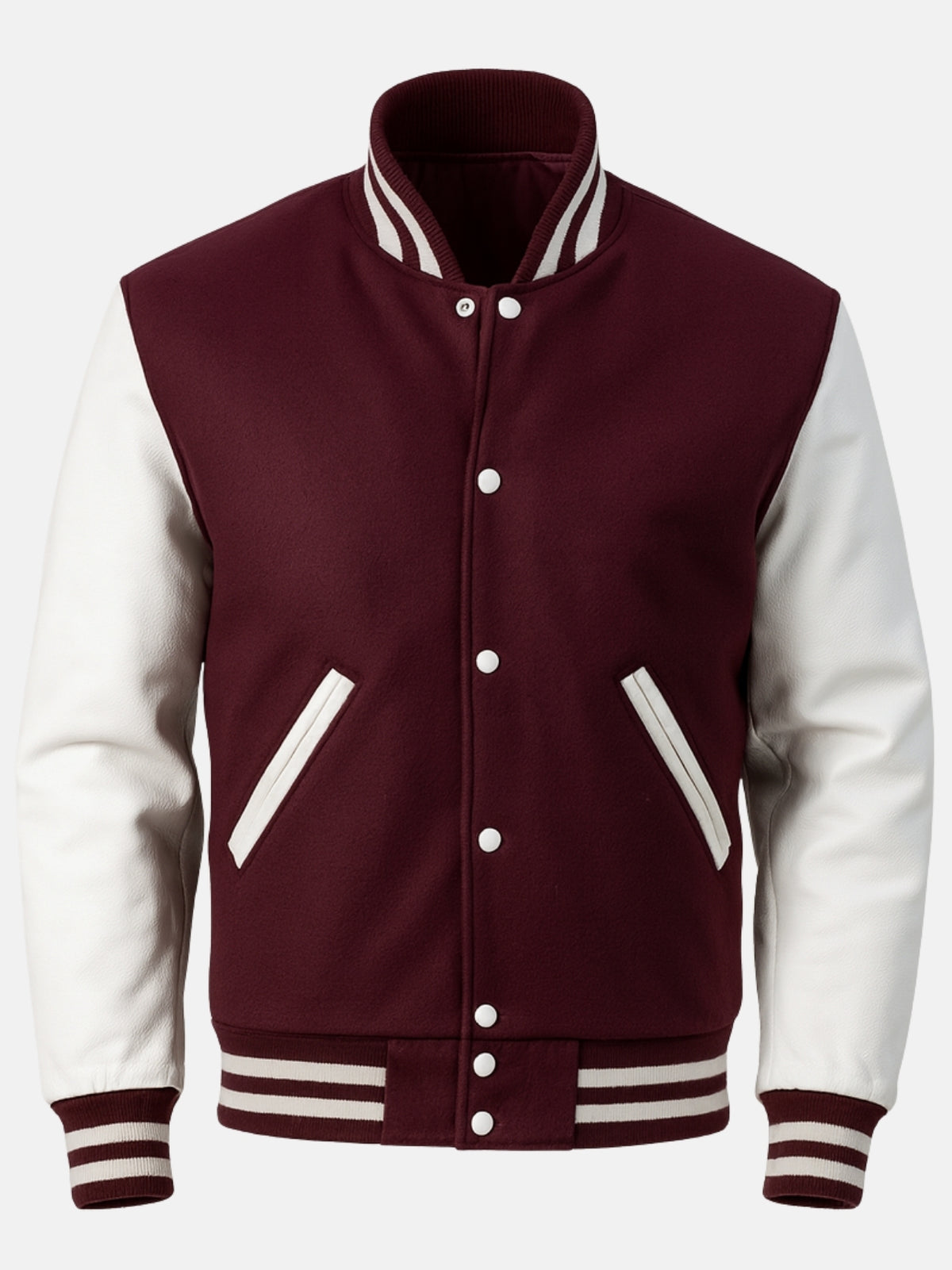 Burgundy wool varsity jacket with white snaps and striped rib-knit collar, front view
