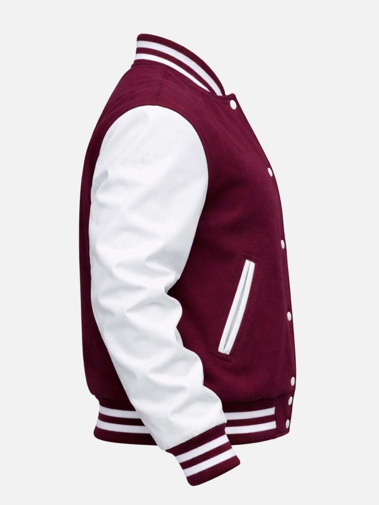 Side flat view of burgundy varsity jacket showing white welt trim and striped hem