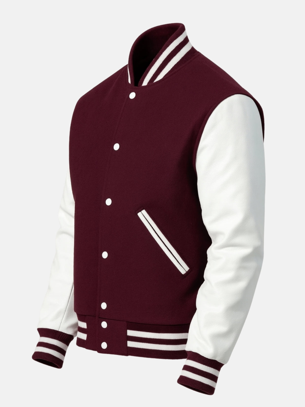 Angled view of burgundy and white varsity jacket showing white snap front and striped hem