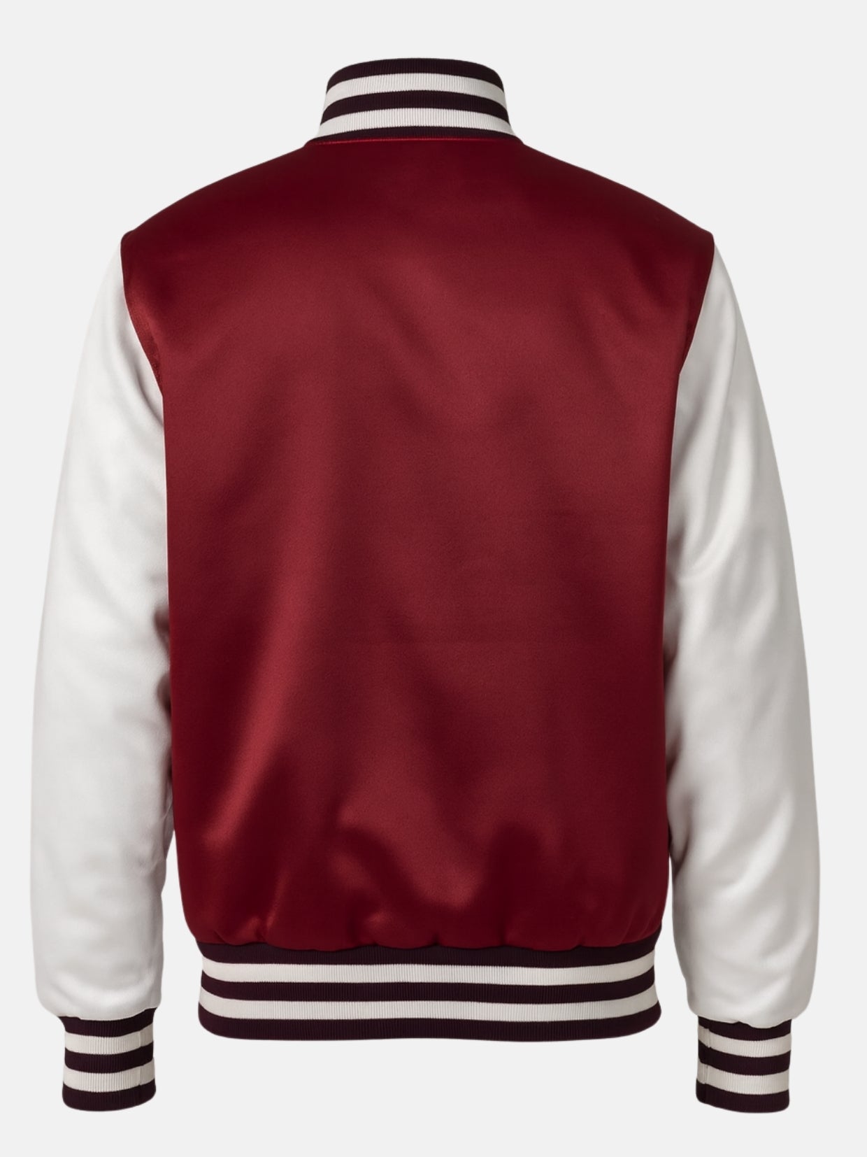 Clean blank back of a burgundy and white satin varsity jacket, flat product shot
