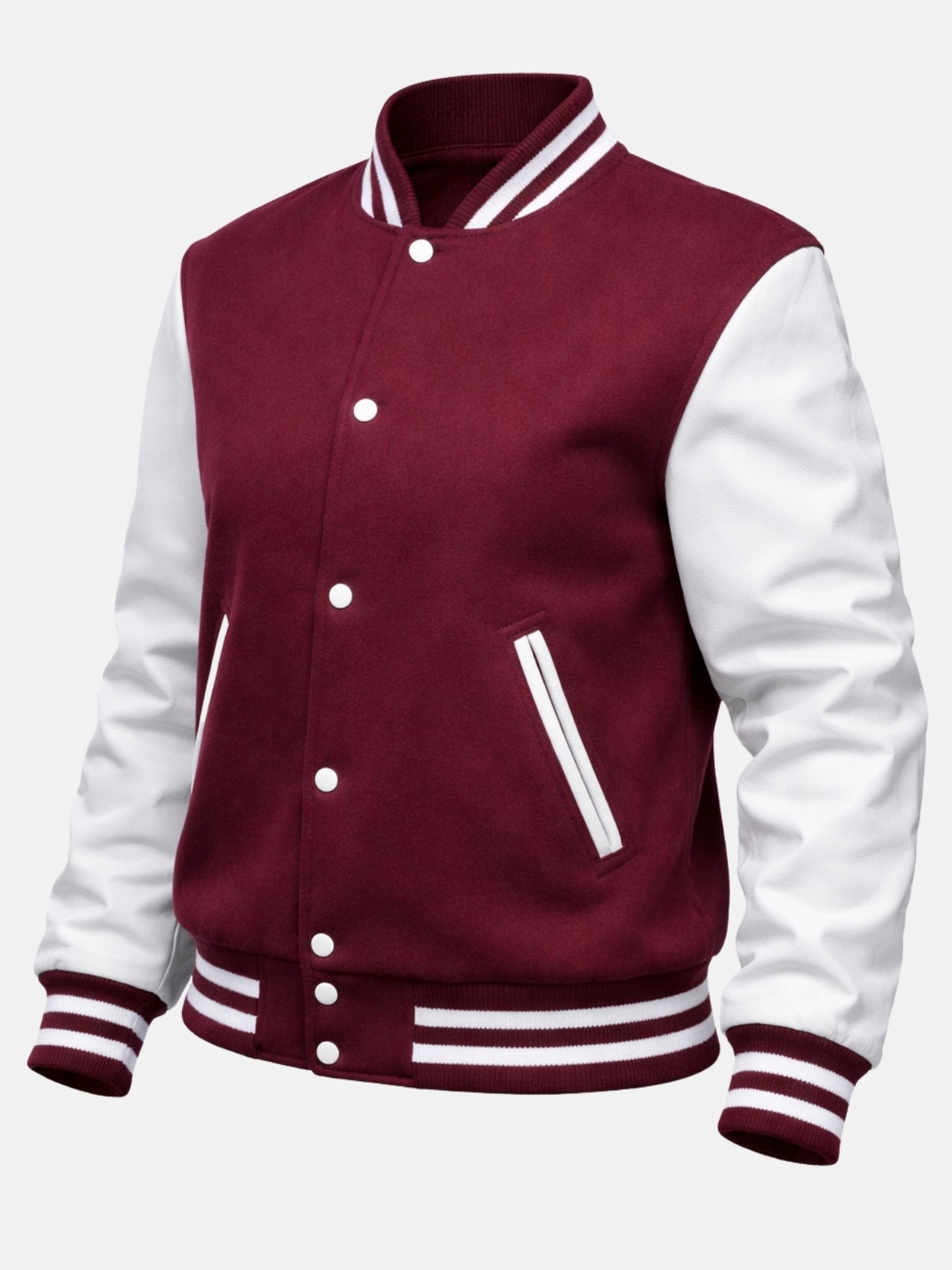 Angled front view of burgundy varsity jacket with white leather sleeves and snap placket