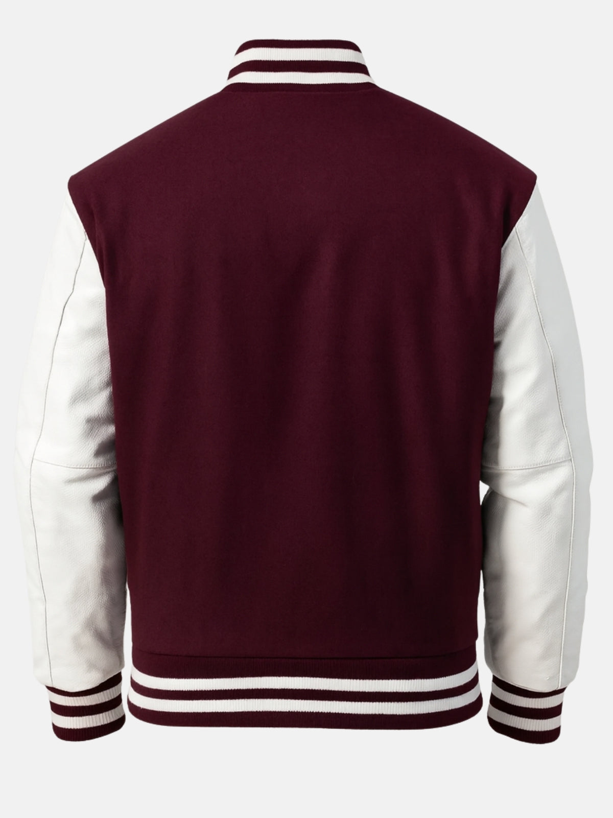Blank burgundy back of wool varsity jacket with white leather sleeves, ready for patches