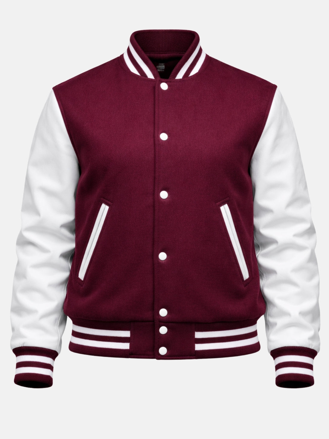Woman wearing a burgundy varsity jacket with white leather sleeves and striped rib trims