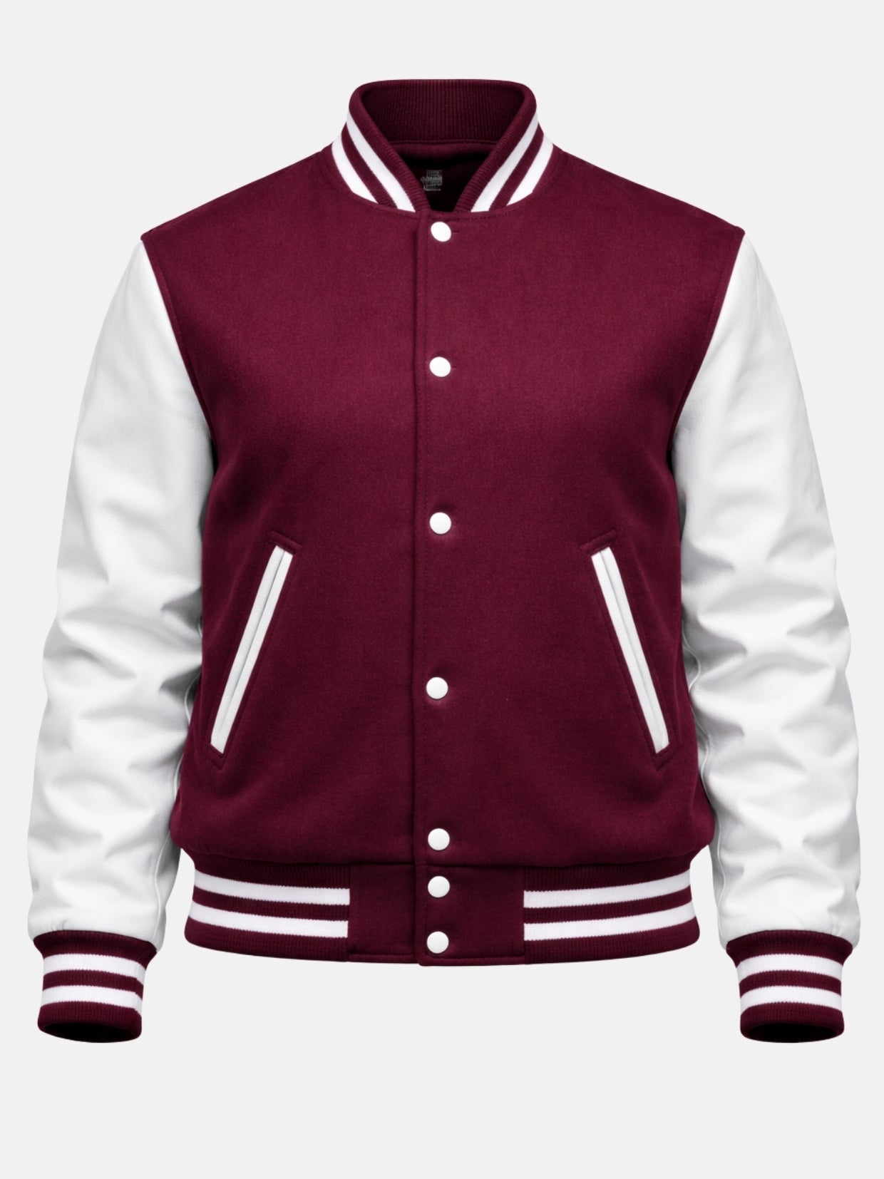 Burgundy varsity jacket flat front with white snaps and white-trimmed welt pockets